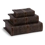 IMAX Set Of Three Matching Leather Bound Book Boxes With Embossed Leaf Pattern