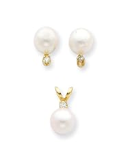 14k 0.09ct Yellow Gold 6-6.5mm S/Water Cult. Pearl Diamond Earrings/Pendant Set