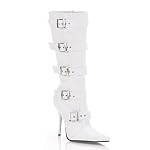 MILAN 4 1/2 Inch Sexy High Heel Knee Boot Stiletto Heel Pointed Toe Featuring Buckle White Patent Pleaser