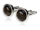 Timeless Round Dark Brown Catseye Cufflinks Framed in Silver with Presentation Box