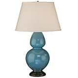 IMAGE OF Robert Abbey 1752x Double Gourd - Table Lamp, Deep Patina Bronze Finish with Marine Blue Glass with Pearl Dupioni Fabric Shade