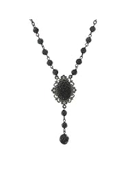 Jardine Vintage Floral Black Y Necklace Gold Plated