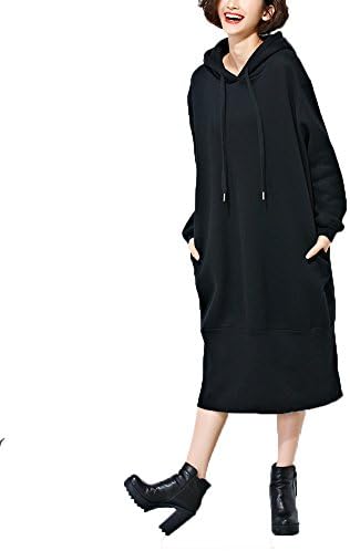 MelBedy Women's Autumn Back Split Hooded Dress Long Sleeve Pullover Long Hoodie Black