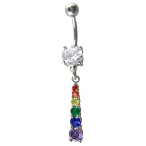 6 -Tier Diamond Droplet Rainbow Gems Belly Button Ring Bar Silver - Chandelier Style Navel Ring