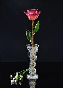 Roses with Crystal Vase, Gold Trimmed Pink Amethyst Rose