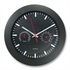 Timekeeper Round Wallclock with Black Frame and Temperature/Barometric Gauges, 12-Inch