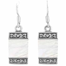 Silver Flower Genuine Mother of Pearl Vintage rectangle earrings by 