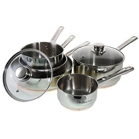 Anthony Worrall Thompson 5 piece heavy duty copper encapsulated based pan set, with glass lids