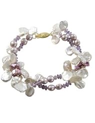 8.5" 5-11 mm two strand white and dyed pink keishi and biwa freshwater cultured pearls with amethyst.