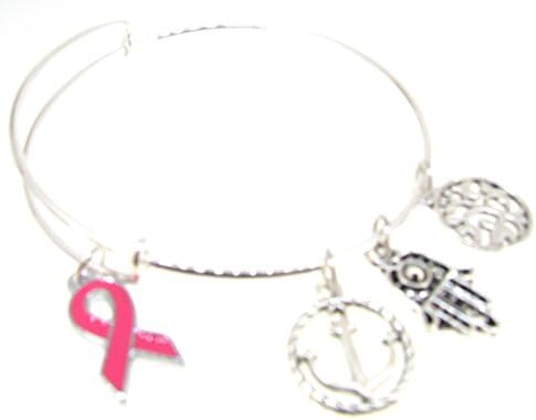 Breast Cancer Awareness Ribbon Bracelet Silver Plate Expandable Bangle Tree of Life Hamsa
