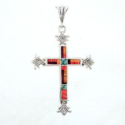 Turquoise and Spiny Oyster Sunburst Cross Pendant by Ray Tracey in Sterling Silver, #8581