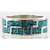 Southwestern Style Whirlwind Design Band Ring in Sterling Silver and Inlaid Turquoise for Men or...