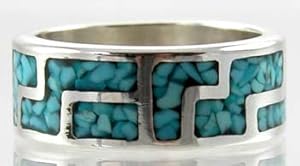 Wide Southwestern Style Whirlwind Design Band Ring in Sterling Silver and Chip Inlay Turquoise for Men or Women, Sizes 8, 9, 10, 11, 12, 13, 14, and 15, #10827