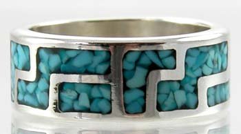 Turquoise and Sterling Silver Inlaid Whirlwind Design Band Ring  #10827