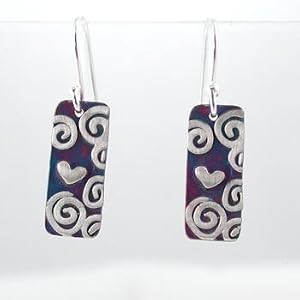 Cute Heart and Swirl Dangle Earrings in Sterling Silver and Patina, #9192