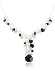 Sterling Silver Genuine Faceted Black Onyx Briolettes Freshwater Cultured Pearl Multi-Drop " Y " Shaped Chain Necklace, 17"