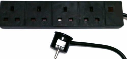 BLACK Euro 15A Schuko plug to 4 UK 13a Socket 1m extension lead, Travel plug accessory for connecting UK appliances while abroad. 4 outlet travel adaptor, Earthed. by SummerLand
