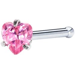 18 Gauge Pink Heart Cubic Zirconia Nose Bone