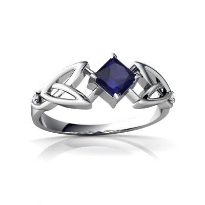 14K White Gold Square Genuine Sapphire Celtic Knot Ring