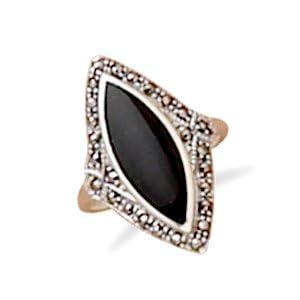 Black Onyx Marcasite Sterling Silver Ring, 1 in wide by Silver Messages--Free US Shipping