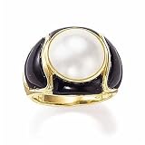 14k Gold Mother-Of-Pearl Black Agate Dome Ring (Size 6)