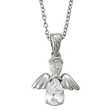 Sterling Silver 5/8" Crystal April Birthstone Angel Wing Necklace on 18" Chain