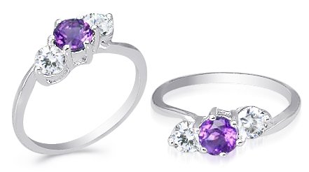 Round Cut Amethyst & White Cz Three Stone Ring Sterling Silver Size 6