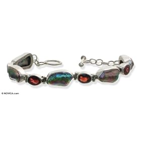 Pearl and garnet bracelet, 'Bold Fire' 0.4 W 7.7 L by NOVICA