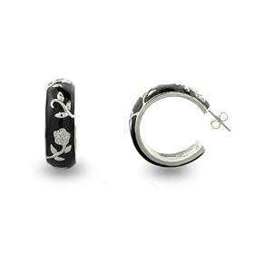 Sterling Silver Black Enamel Earrings with Vintage Flower Design
