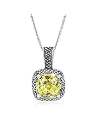 Alexander James White Gold Rhodium Bonded Antique Pendant with Solitaire Peridot Cubic Zirconia in Silvertone