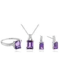 Sterling Silver Emerald Amethyst Ring, Pendant Necklace and Earrings Diamond Box Set