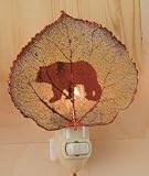Bear Silhouette on Real Iridescent Copttonwood Leaf Night Light