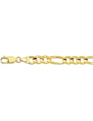 9.5" 14K Yellow Gold 7.0mm (2/7") Polished Diamond Cut Alternate 3 Round 1 Long Oval Shape Classic Figaro Chain w/ Lobster Clasp