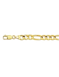 14K 30" Yellow Gold 7.0mm Polish Diamond Cut Alternate 3 Round 1 Long Oval Shape Classic Figaro Chain With Lobster Clasp