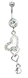 Stainless Steel Belly Ring with Clear Crystals - Dangling Hearts