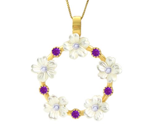 14K White Gold Floral Wreath with Round Gems and Diamond Pendant-Multi Mop-Amethyst ,w/o Chain