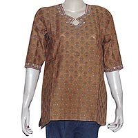 Ladies Khaki Shirt Silk Long Sleeve Top Blouse Embroidery Size S