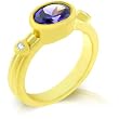 14k Matte Gold Ring Bonded with Bezel Handset Oval Cut Amethyst CZ and Round Clear CZ in Goldtone - Size: 5-10