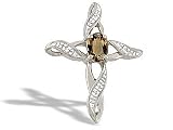 14K White Gold Genuine Oval Smoky Quartz and Diamond Cross Pendant