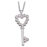0.10Ct.T.W. Sparkling Round Cut Diamonds, 14K White Gold. Diamond Heart Key Necklace