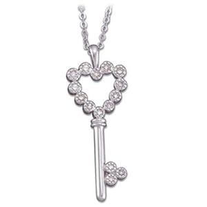 0.10Ct.T.W. Sparkling Round Cut Diamonds, 14K White Gold. Diamond Heart Key Necklace