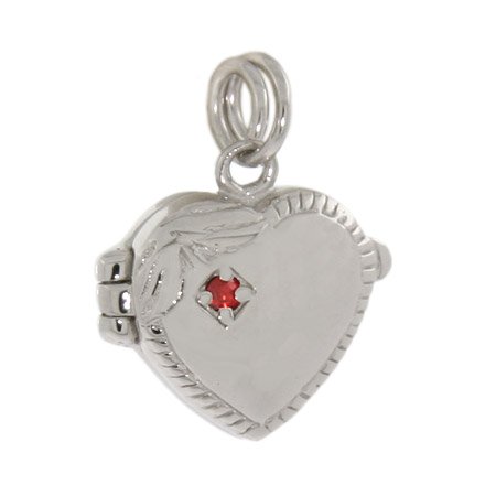 Sterling Silver Heart Locket Charm with Red CZ