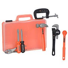 Home Depot 7 Pieces Handy Tools in Carry Case Includes: a hammer, 2 screwdrivers, pliers, pipe wrench and C-Clamp along with 20 bonus accessories, nuts, bolts, nails and wood