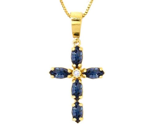 14K Yellow Gold Marquis Gemstone and Diamond Cross Pendant-Blue Sapphire , Chain- NOT included