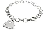 14K White Gold Italian Oval Link Bracelet with Heart Shaped Charm, Enhanced with Diamonds