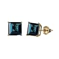 10k Yellow Gold Princess Square London Blue Topaz Gemstone Earring Studs (8mm, 6.00 cttw)