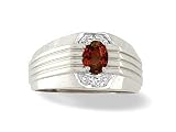 14K White Gold Genuine Oval Garnet and Diamond Men's Ring