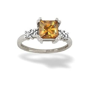 14K White Gold Genuine Square Citrine and Diamond Art Deco Ring by Jewels For Me
