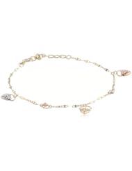 14k Tri-Color Yellow, White and Rose Gold Hearts and Beads Charm Bracelet, 7"+1" Extender