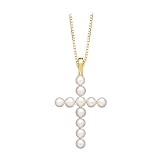 14K Yellow Gold Pearl Cross Pendant with Chain